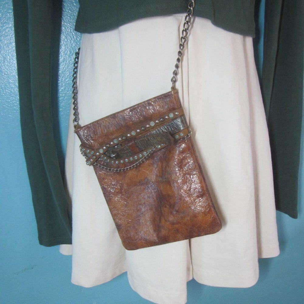 Leatherock USA Crossbody Pouch Bag Brown Leather Chain & Leather Strap 6.5 X 8"